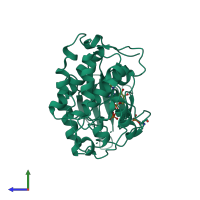 Monomeric assembly 2 of PDB entry 1ua2 coloured by chemically distinct molecules, side view.