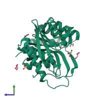 PDB entry 1ub0 coloured by chain, side view.