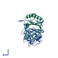 PDB entry 1ufl coloured by chain, side view.