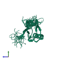 PDB entry 1ufx coloured by chain, ensemble of 20 models, side view.