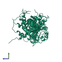 PDB entry 1ufz coloured by chain, ensemble of 20 models, side view.
