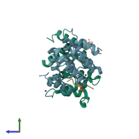 PDB entry 1ujk coloured by chain, side view.