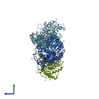 PDB entry 1ukp coloured by chain, side view.