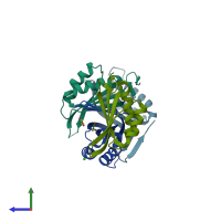 PDB entry 1ul3 coloured by chain, side view.