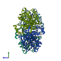 PDB entry 1ulu coloured by chain, side view.