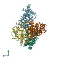 PDB entry 1um9 coloured by chain, side view.
