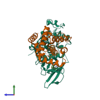 Hetero dimeric assembly 1 of PDB entry 1unh coloured by chemically distinct molecules, side view.