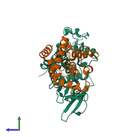 Hetero dimeric assembly 2 of PDB entry 1unh coloured by chemically distinct molecules, side view.