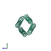 Homo tetrameric assembly 1 of PDB entry 1unz coloured by chemically distinct molecules, side view.