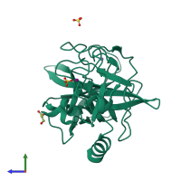 PDB entry 1uo6 coloured by chain, side view.