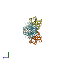 PDB entry 1uos coloured by chain, side view.