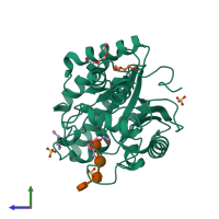 PDB entry 1up3 coloured by chain, side view.