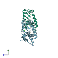 PDB entry 1up5 coloured by chain, side view.