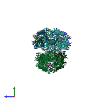 PDB entry 1up7 coloured by chain, side view.