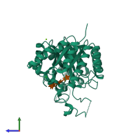PDB entry 1ur1 coloured by chain, side view.