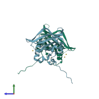 PDB entry 1ut7 coloured by chain, side view.