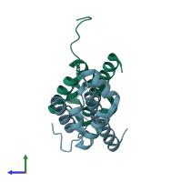PDB entry 1utu coloured by chain, side view.