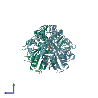 PDB entry 1uu2 coloured by chain, side view.