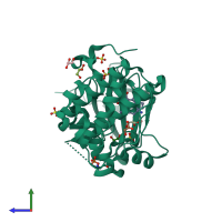 PDB entry 1uu9 coloured by chain, side view.