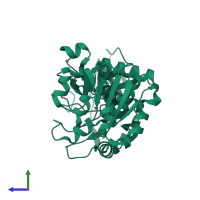 PDB entry 1uuf coloured by chain, side view.