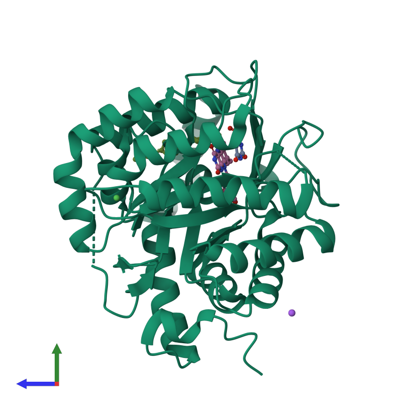 PDB entry 1uuo coloured by chain, side view.