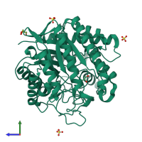 PDB entry 1uuq coloured by chain, side view.