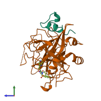 PDB entry 1uvs coloured by chain, side view.