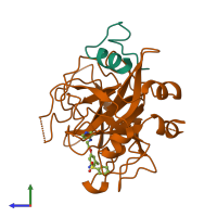 PDB entry 1uvt coloured by chain, side view.