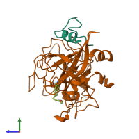 PDB entry 1uvu coloured by chain, side view.