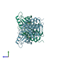 PDB entry 1uwj coloured by chain, side view.