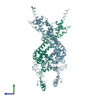 PDB entry 1ux4 coloured by chain, side view.