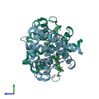 PDB entry 1ux9 coloured by chain, side view.