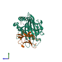 PDB entry 1uxs coloured by chain, side view.