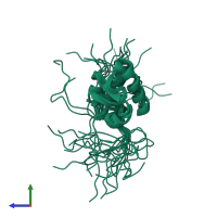 PDB entry 1v32 coloured by chain, ensemble of 20 models, side view.