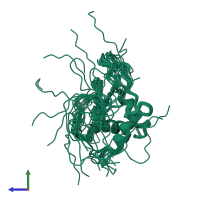 PDB entry 1v3f coloured by chain, ensemble of 20 models, side view.