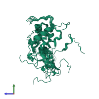 PDB entry 1v4r coloured by chain, ensemble of 10 models, side view.