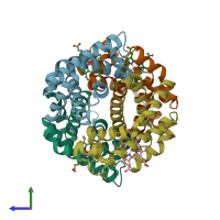 PDB entry 1v4w coloured by chain, side view.