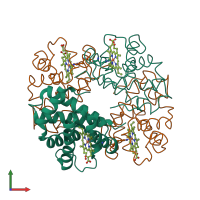 Hetero tetrameric assembly 1 of PDB entry 1v4x coloured by chemically distinct molecules, front view.