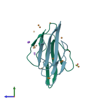 PDB entry 1v6p coloured by chain, side view.