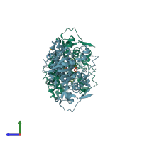 PDB entry 1vcf coloured by chain, side view.