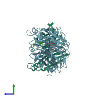 PDB entry 1vcu coloured by chain, side view.