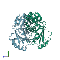 PDB entry 1ve2 coloured by chain, side view.