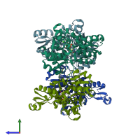 PDB entry 1ve5 coloured by chain, side view.