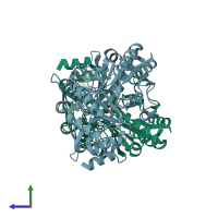 PDB entry 1vef coloured by chain, side view.