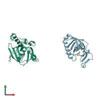 PDB entry 1vev coloured by chain, front view.