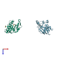 PDB entry 1vev coloured by chain, top view.
