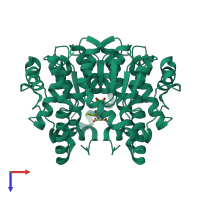 Homo dimeric assembly 1 of PDB entry 1vf1 coloured by chemically distinct molecules, top view.