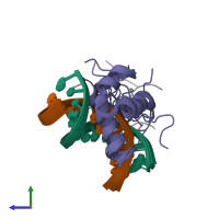 PDB entry 1vfc coloured by chain, ensemble of 20 models, side view.