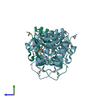 PDB entry 1vhq coloured by chain, side view.