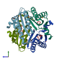 PDB entry 1vk8 coloured by chain, side view.